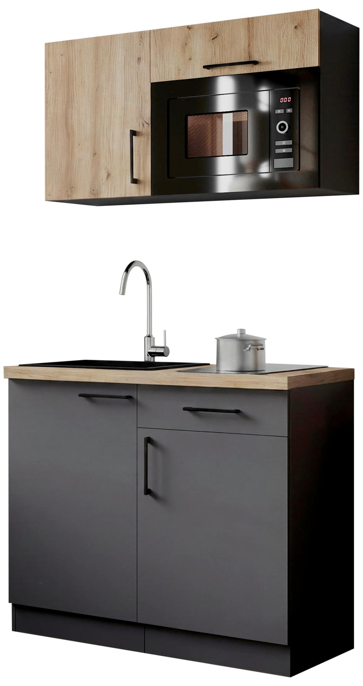 Miniküche Oliver m. Geräten ca. 100cm Grau - Eiche Artisan/Grau, Trend, Holzwerkstoff/Metall (100cm) - Respekta