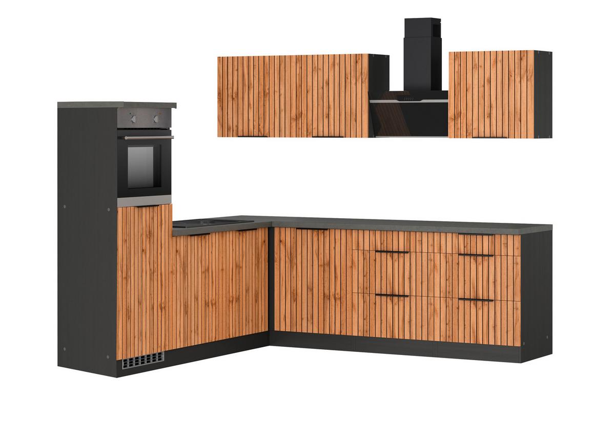 Eckküche Liverpool m. Geräten ca. 240x240cm Eiche - Schieferfarben/Eiche Wotan, Basics, Holzwerkstoff/Metall (240/240cm) - Held