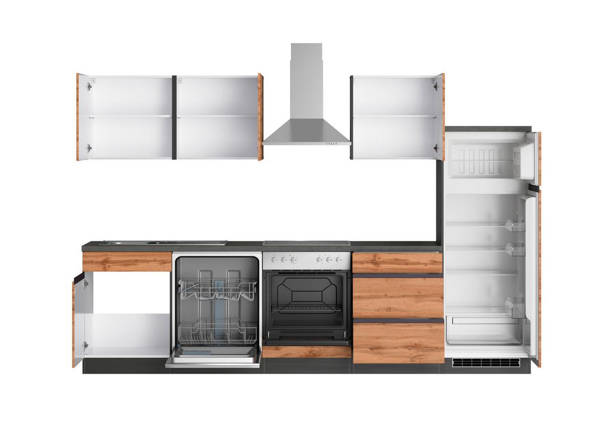 Küchenzeile Turin mit Geräte ca. 300 cm Graphitfarben/Eiche - Eiche Wotan/Graphitfarben, Design, Holzwerkstoff (300cm) - Held