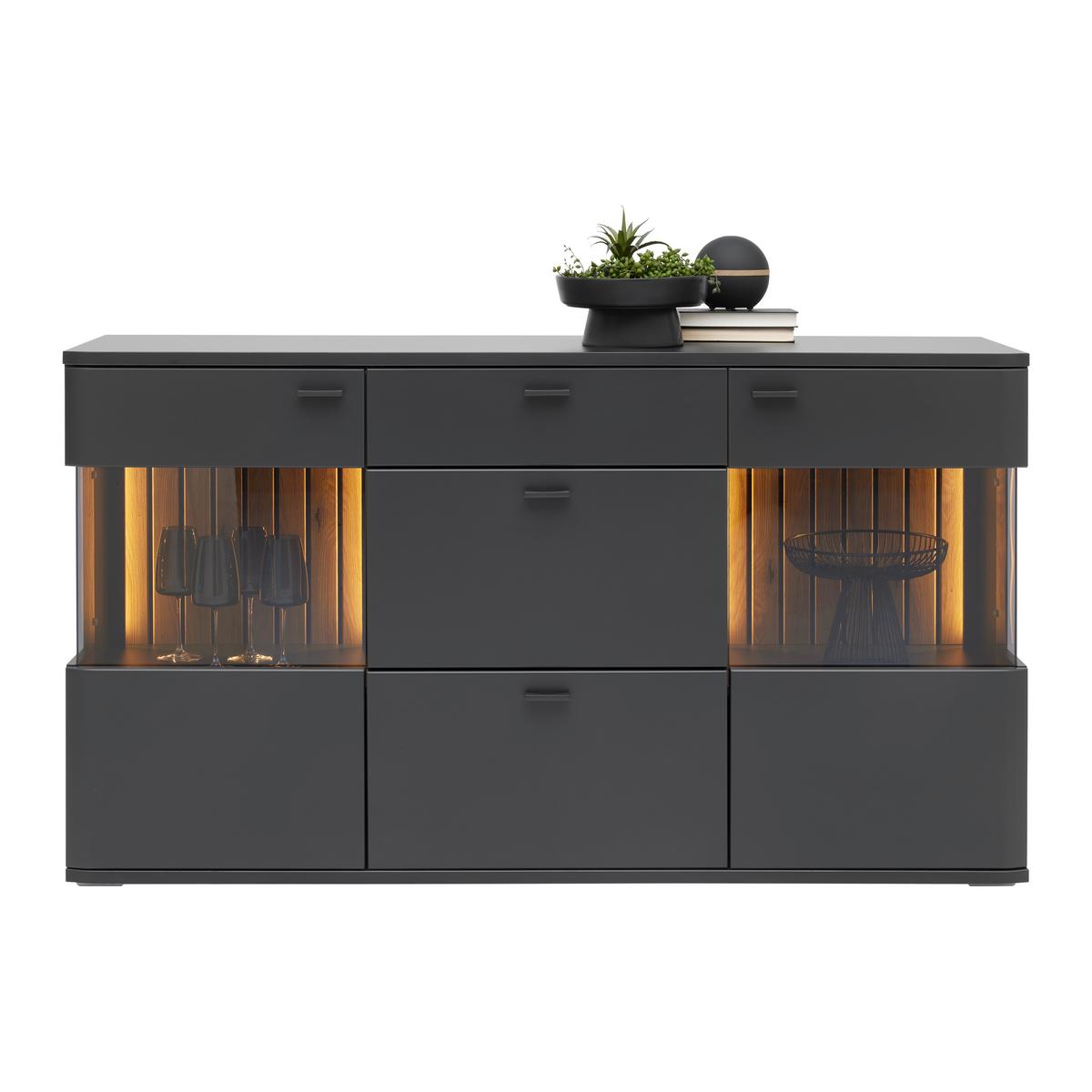 Sidebaord Carreto Schwarz/Eichefarben - couleur de chêne/noir, Modern, verre/métal (160/90/44cm) - Premium Living