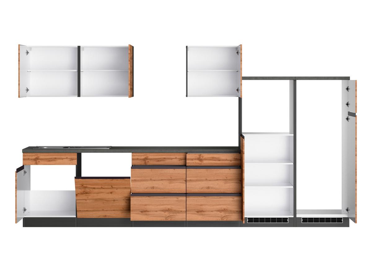 Küchenzeile Turin ohne Geräte ca. 360 cm Graphit/Eiche - Eiche Wotan/Graphitfarben, Design, Holzwerkstoff (360cm) - Held