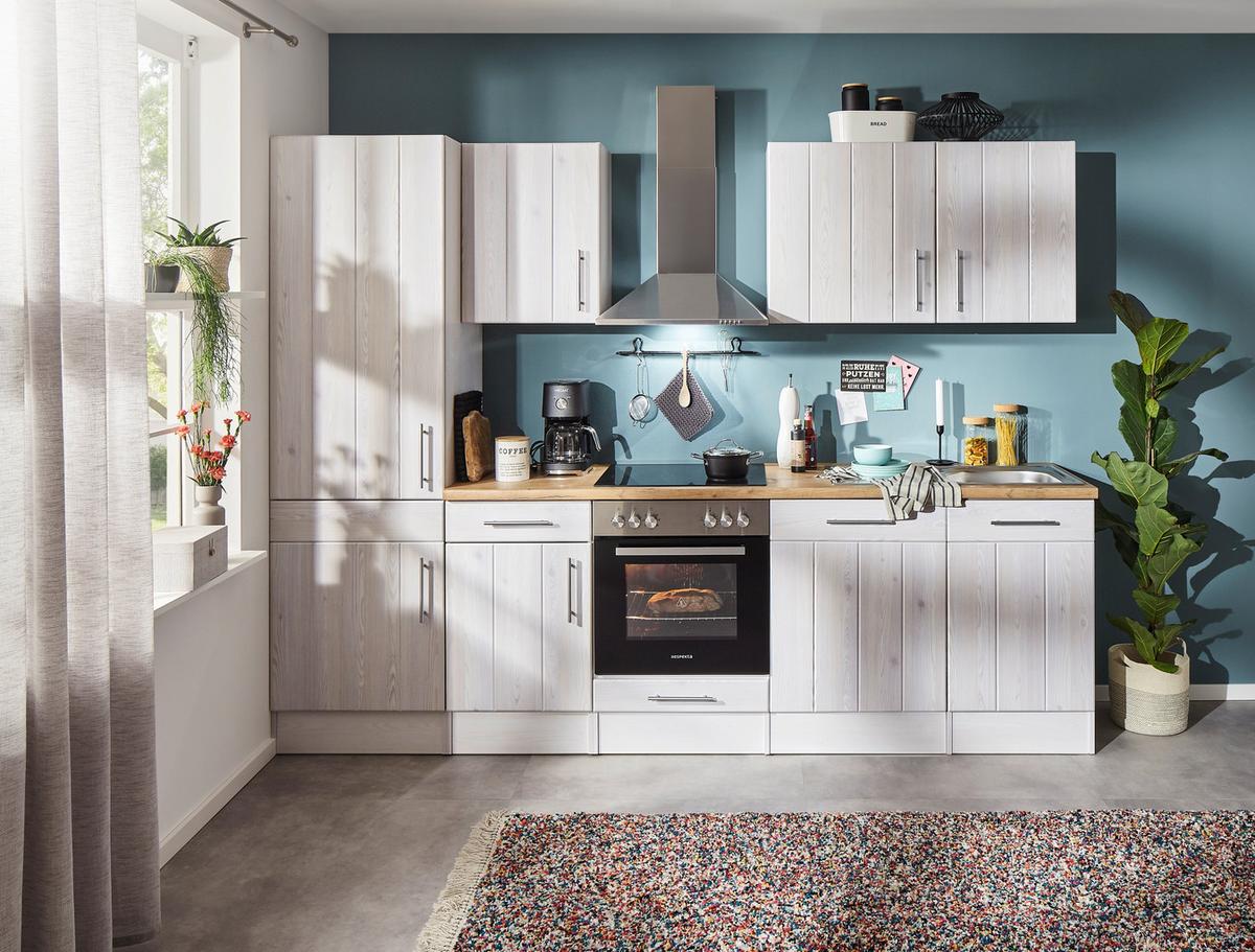 Küchenblock Anton Landhaus ohne Geräte ca. 280 cm Weiß - Wildeiche/Edelstahlfarben, Basics, Holzwerkstoff/Metall - Respekta