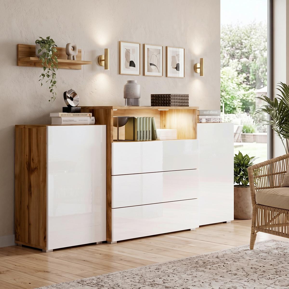 Sideboard Urban III mit LED ca. 150x69 cm Weiß/Eiche Wotan - Weiß Hochglanz/Eiche Wotan, LIFESTYLE, Holzwerkstoff/Kunststoff (150/80,7/39cm) - P & B