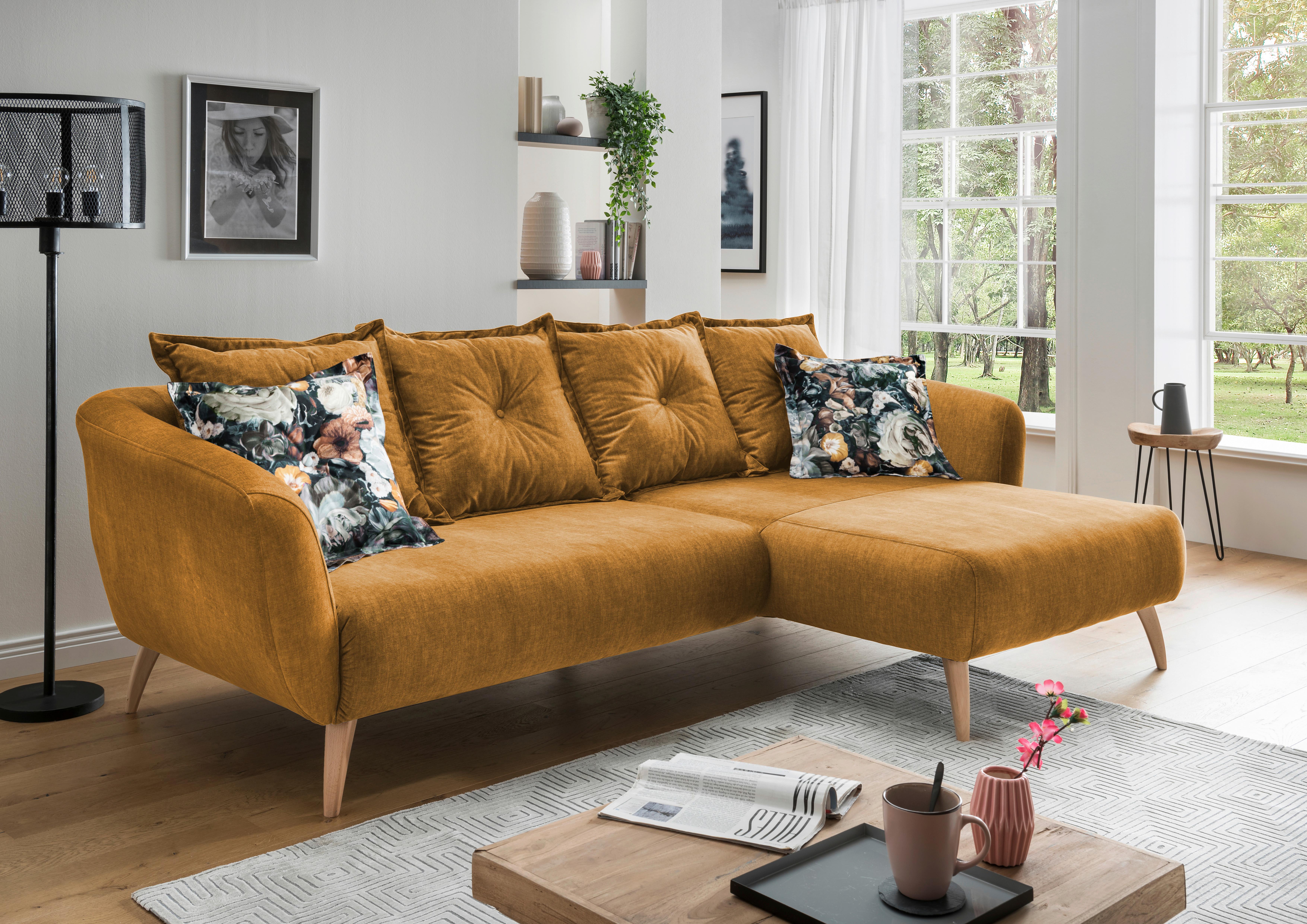 Wohnlandschaft Baggio Gelb Velours - Gelb/Buchefarben, MODERN, Holz/Textil (277/162cm) - Livetastic