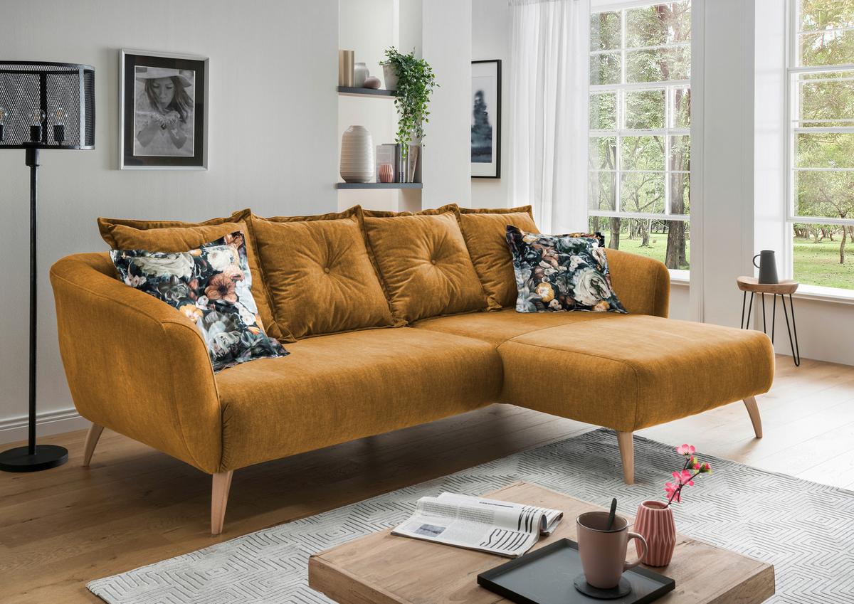 Wohnlandschaft Baggio Gelb Velours - Gelb/Buchefarben, MODERN, Holz/Textil (277/162cm) - Livetastic