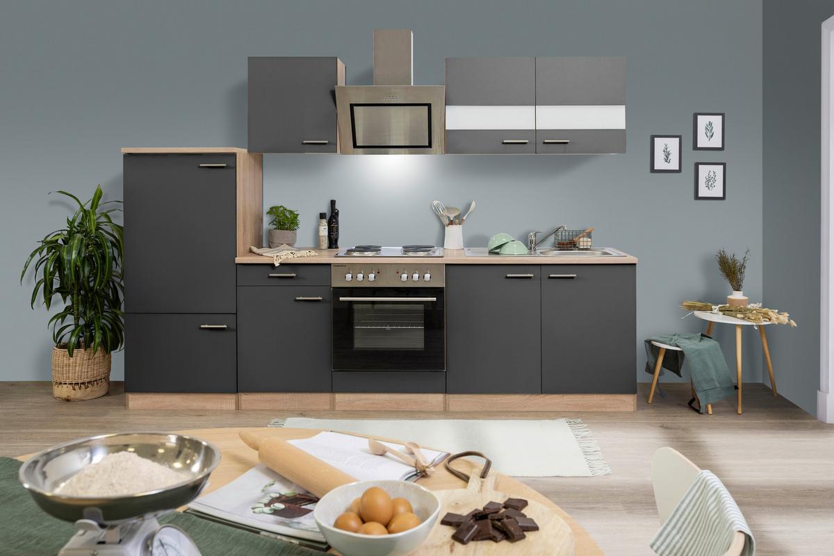 Küchenblock Merle mit Geräten ca. 270 cm Grau - Edelstahlfarben/Eichefarben, Basics, Holzwerkstoff/Metall (270cm) - Respekta