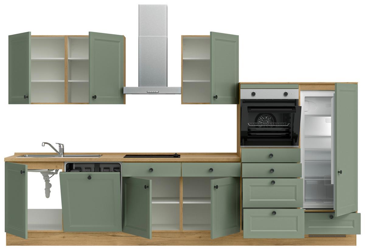 Küchenblock Cascada Low m. Geräten Schilfgrün - Schilfgrün/Eichefarben, MODERN, Holzwerkstoff/Metall (360cm) - Nobilia
