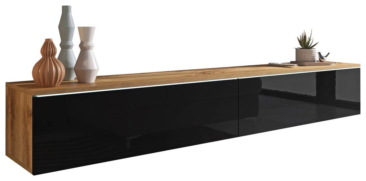 Lowboard ca. 180x30 cm mit LED Eiche Wotan/Schwarz - Schwarz Hochglanz/Eiche Wotan, LIFESTYLE, Holzwerkstoff/Kunststoff (180/30/33cm) - P & B