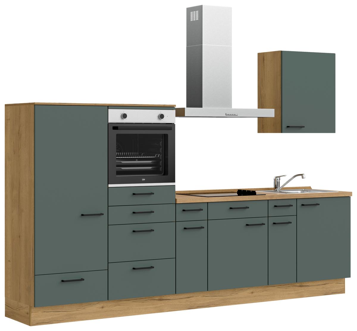 Küchenblock Easytouch m. Geräten Dunkelgrün - Dunkelgrün/Eichefarben, MODERN, Holzwerkstoff/Metall (300cm) - Nobilia