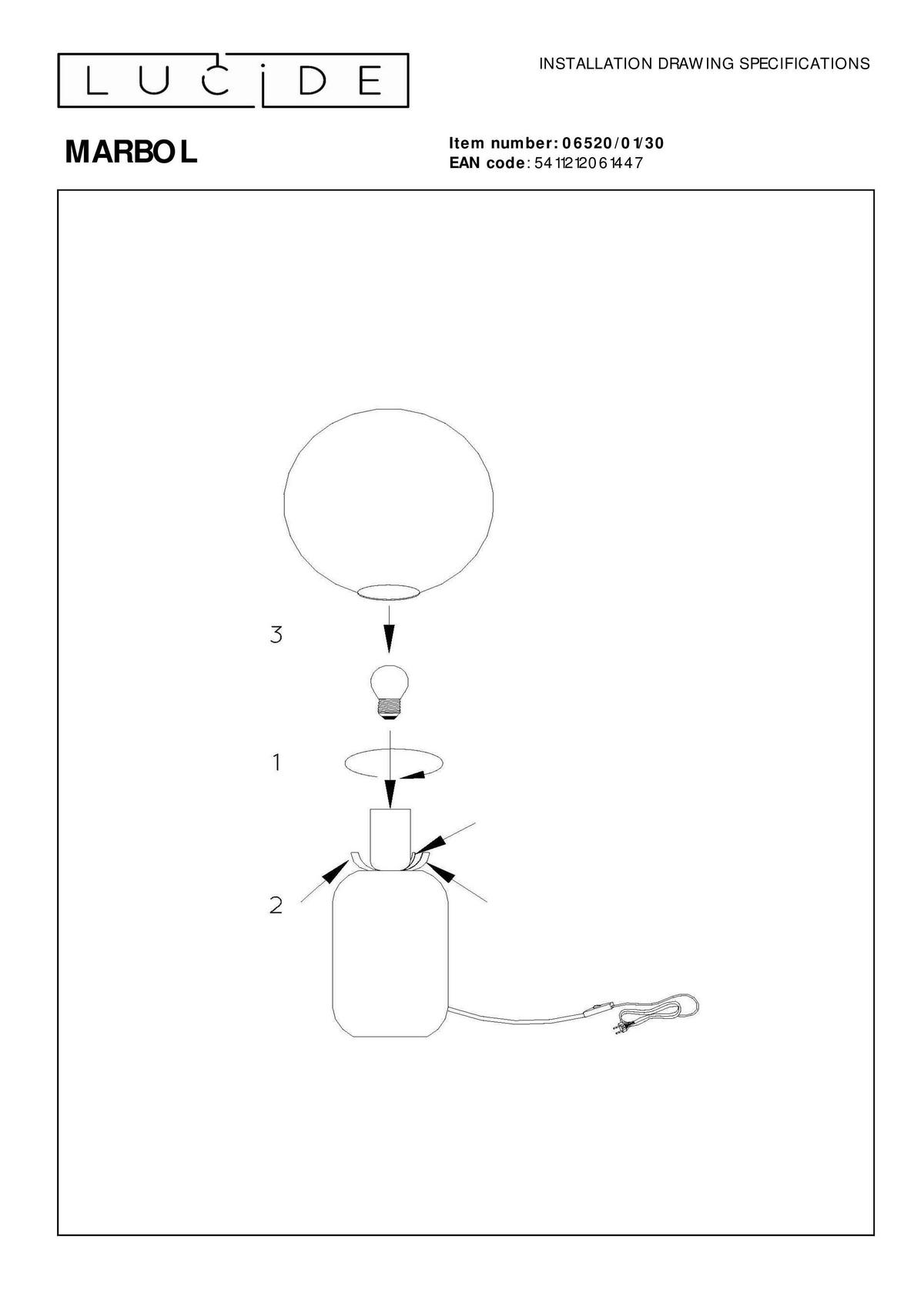 LAMPA STOŁOWA 06520/01/30 MARBOL - czarny/opal, Design, metal/szkło (15/15/32cm) - Lucide