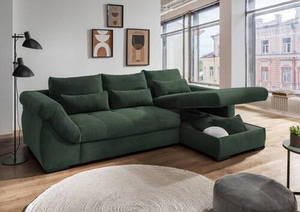 Wohnlandschaft Frederico Dunkelgrün Cord - Dunkelgrün/Schwarz, MODERN, Holz/Textil (302/188cm) - MID.YOU