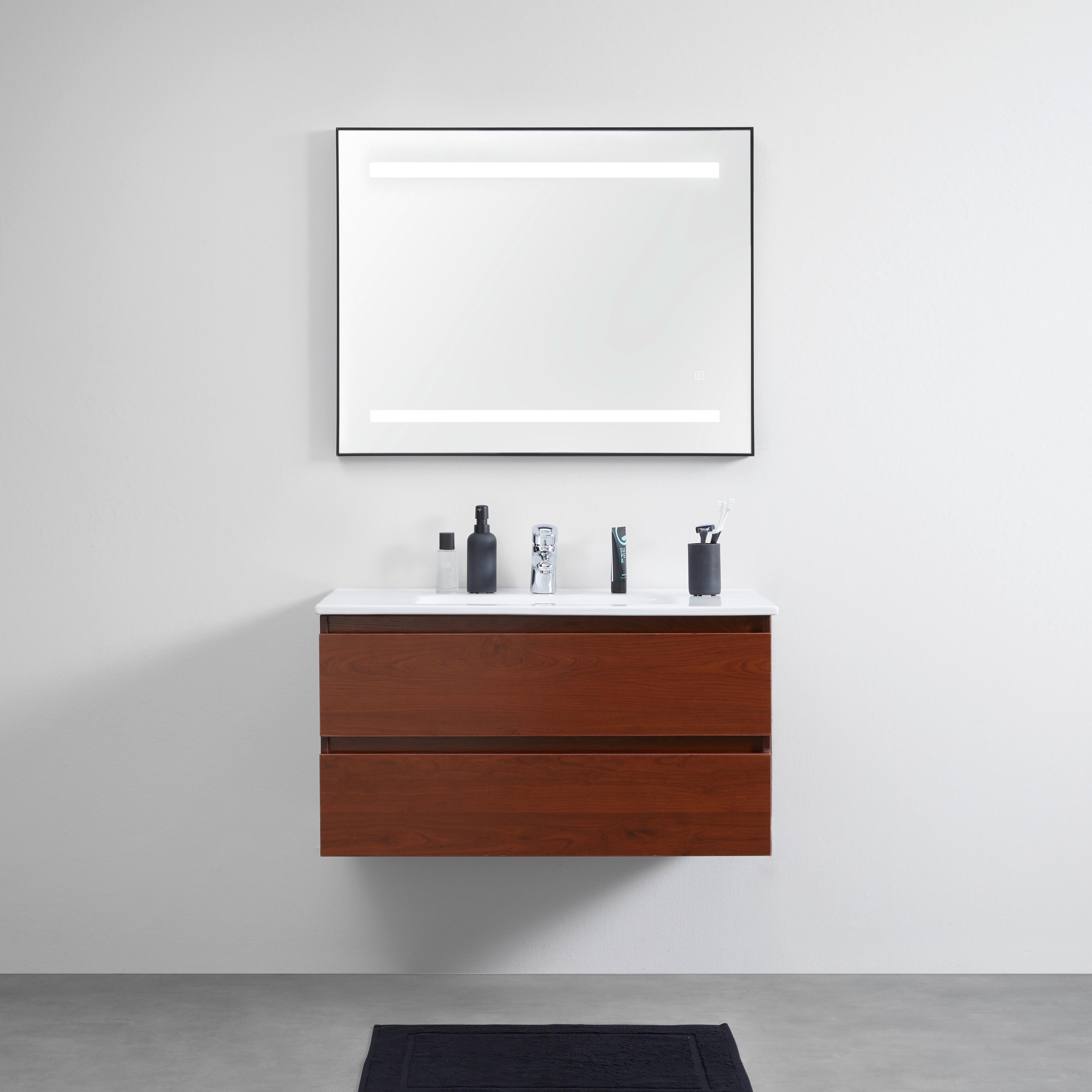 Waschtisch Davide Braun mit Waschbecken und Spiegel - Naturfarben/Weiß, MODERN, Glas/Keramik (91/50/46,5cm) - Bessagi Home