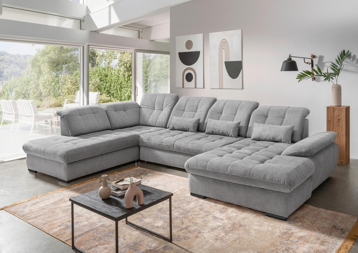 Wohnlandschaft Rigatti Silber Chenille mit Bettkasten - Silberfarben/Schwarz, MODERN, Textil/Metall (252/387/184cm) - Livetastic