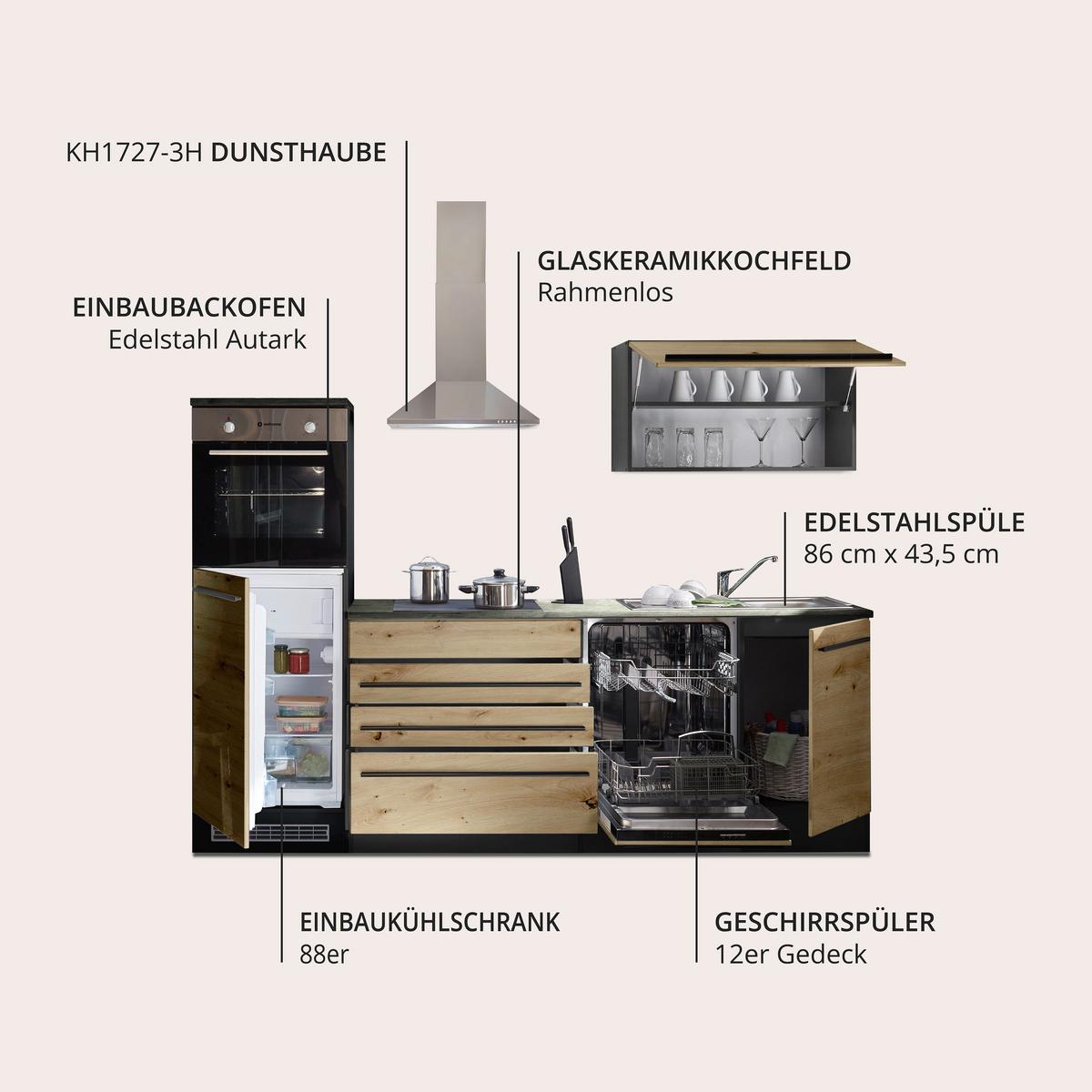 Küchenblock Jazz mit Geräten ca.260cm Eiche/Anthrazit - Anthrazit/Schwarz, KONVENTIONELL, Holzwerkstoff/Kunststoff (260cm) - P & B