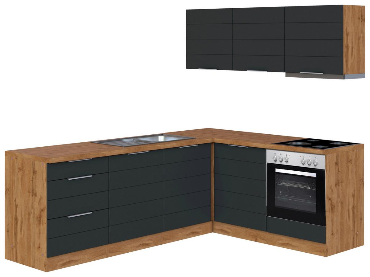 Eckküche Florenz mit Geräten ca. 240x180 cm Grau/Eiche - Eiche Wotan/Grau, Design, Holzwerkstoff/Metall (240/180cm) - Held