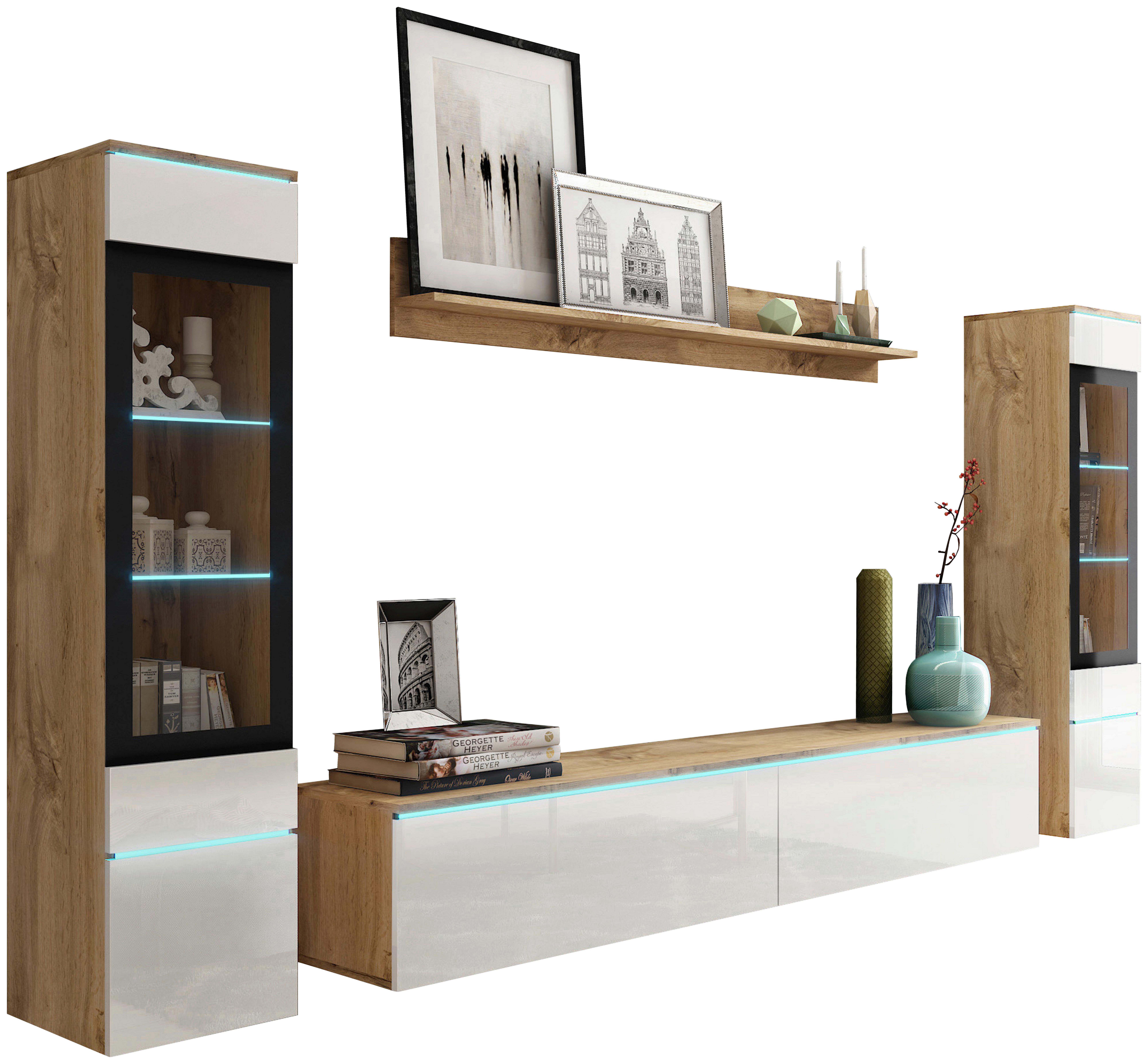 Wohnwand Vera 4-tlg. ca. 240x130cm Eiche Wotan/Weiß - Weiß Hochglanz/Eiche Wotan, LIFESTYLE, Glas/Holzwerkstoff (240/130cm) - P & B