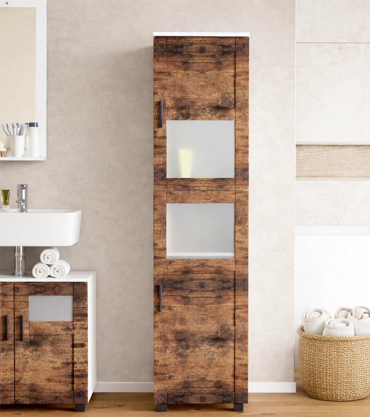 Hochschrank Nilari - Weiss/Eichefarben, Trend, Glas/Holzwerkstoff (38/165/28cm) - MID.YOU