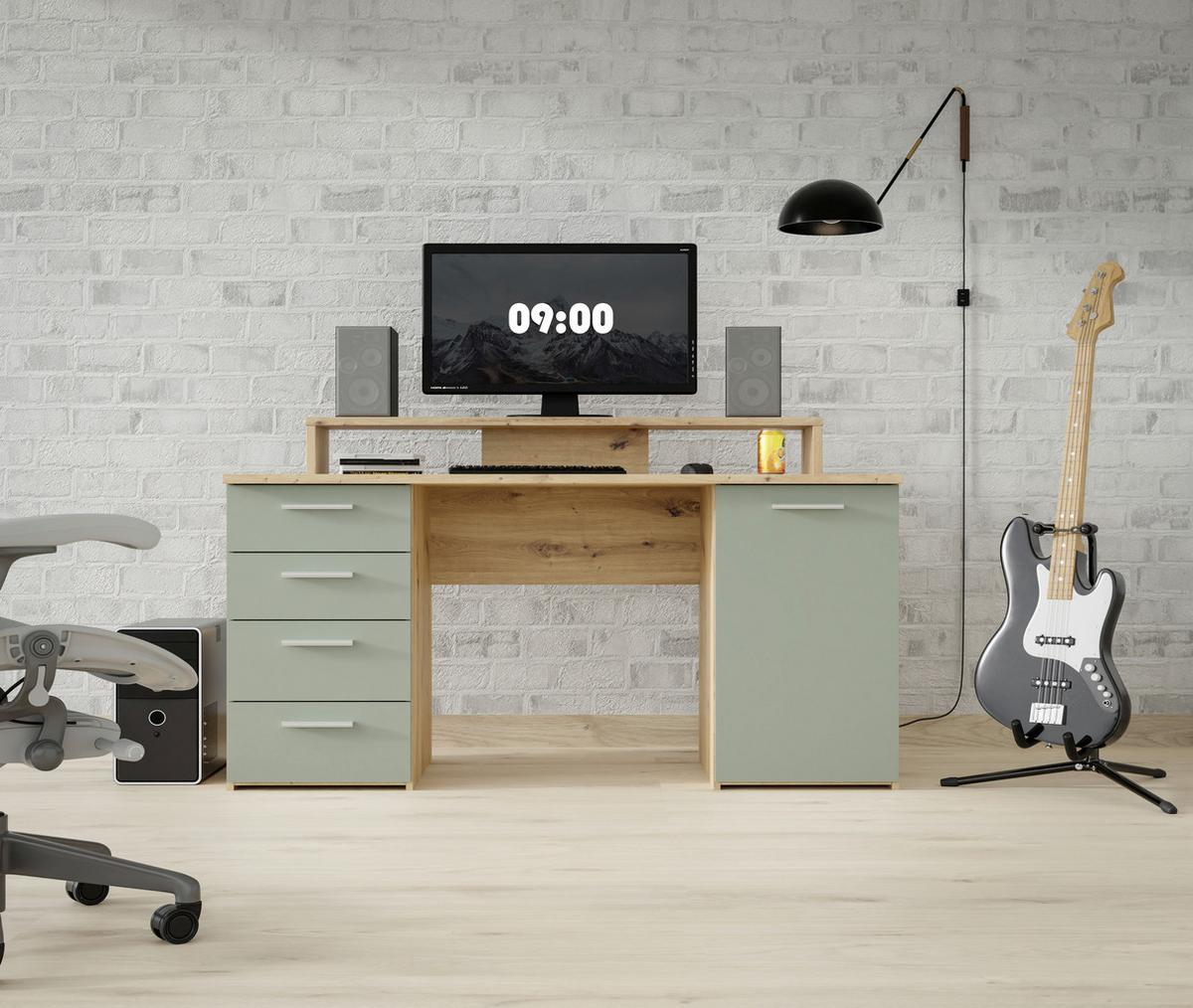 Masă de scris NET - verde salvie/culoare lemn stejar, Modern, plastic/metal (145/90,7/60cm) - Modern Living