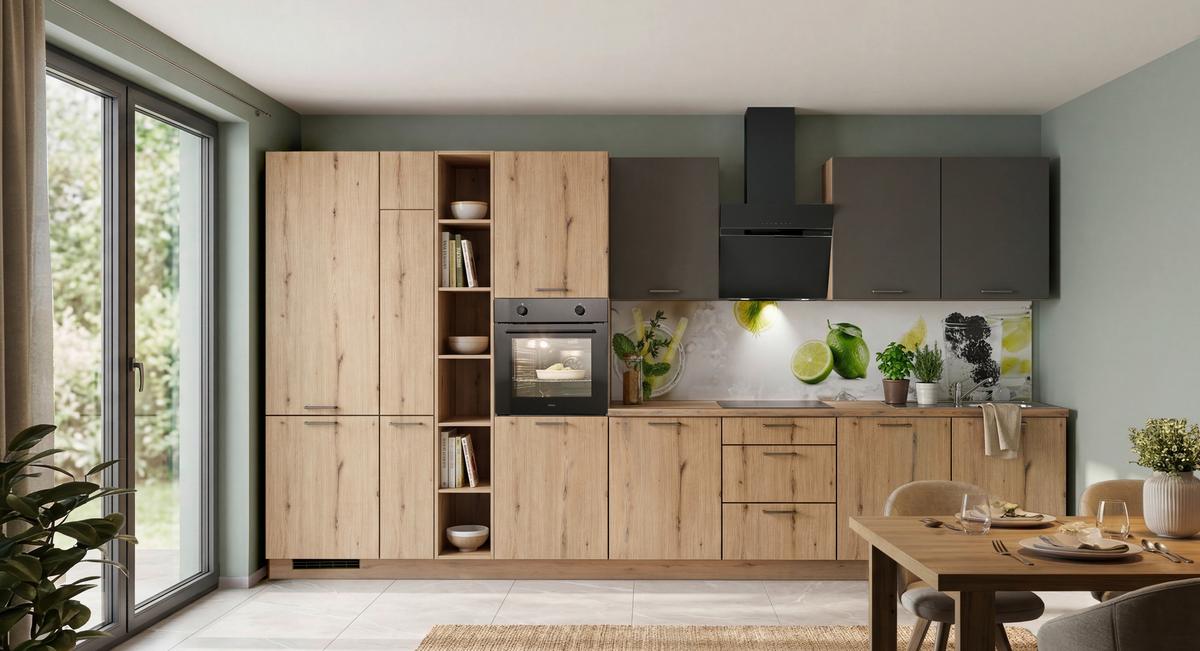 Küchenblock Plan/Win o. Geräte Eiche - Edelstahlfarben/Eichefarben, MODERN, Holzwerkstoff/Metall (420cm) - Express-Kuechen