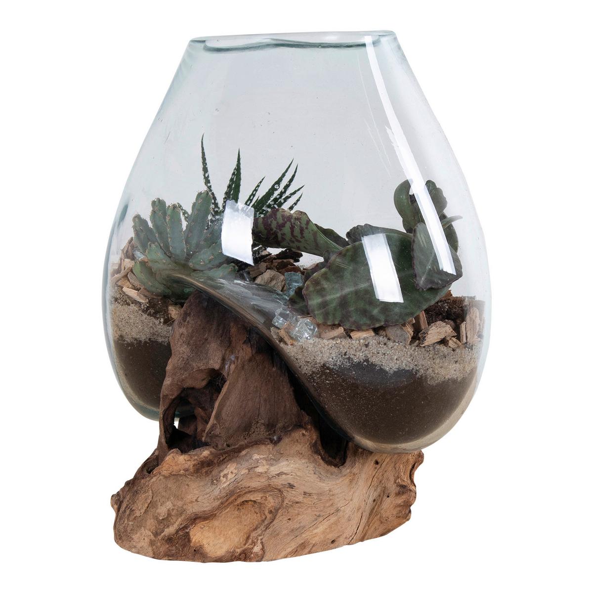 Vase San Marino Waterdrop Transparent/Teakfarben - Transparent/Teakfarben, Design, Glas/Holz (18/20/15cm)