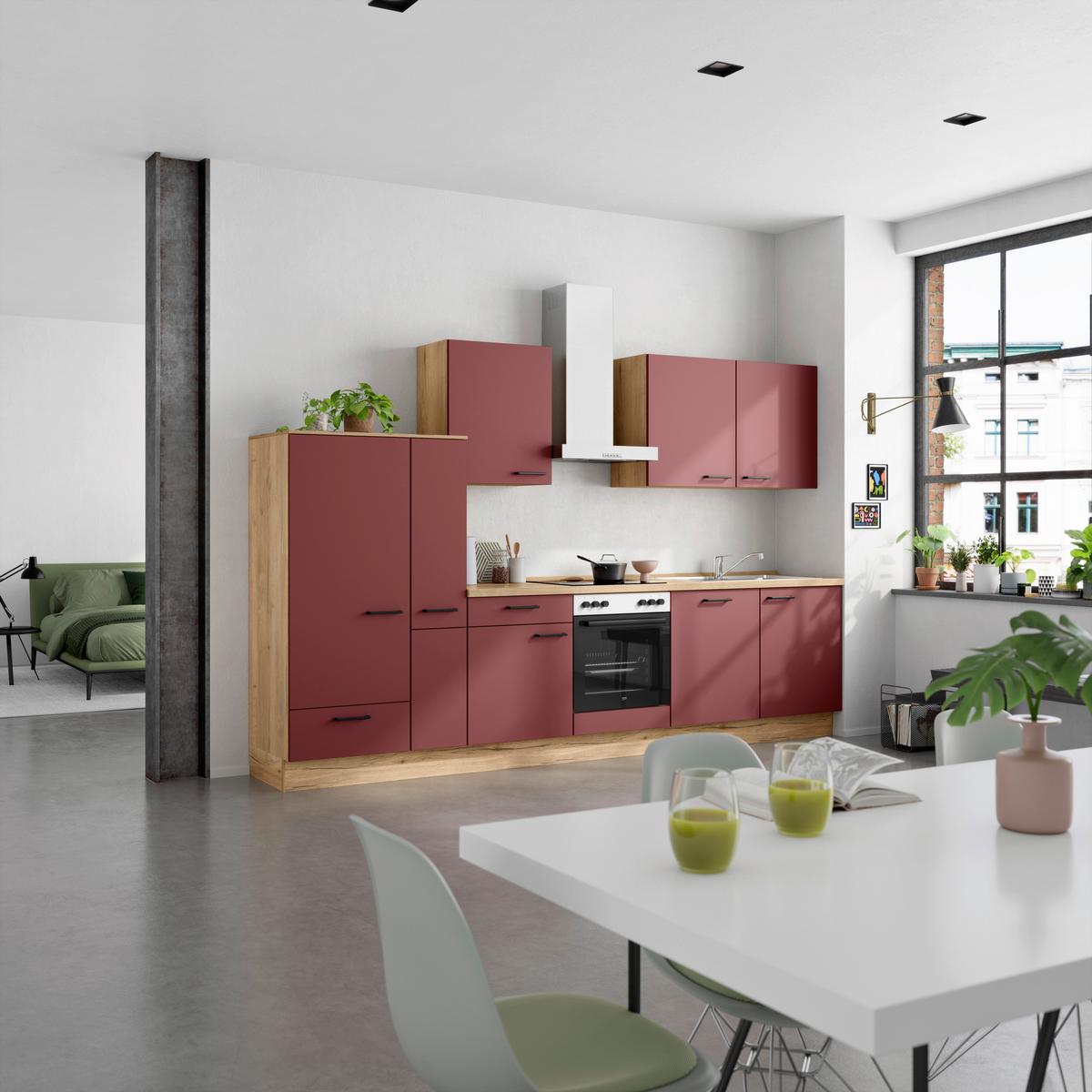 Küchenblock Easytouch Low m. Geräten Dunkelrot - Eichefarben/Schwarz, MODERN, Holzwerkstoff/Metall (330cm) - Nobilia