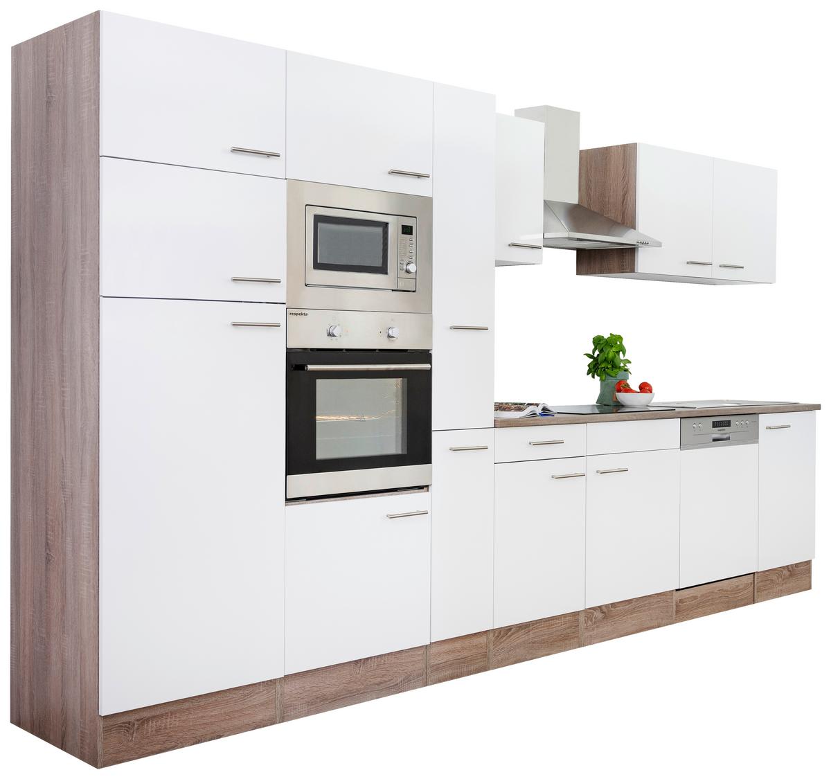 Küchenzeile Economy o. Geräte Weiß/Eiche B: ca. 370 cm - Edelstahlfarben/Eichefarben, Basics, Holzwerkstoff/Metall (370cm) - Respekta
