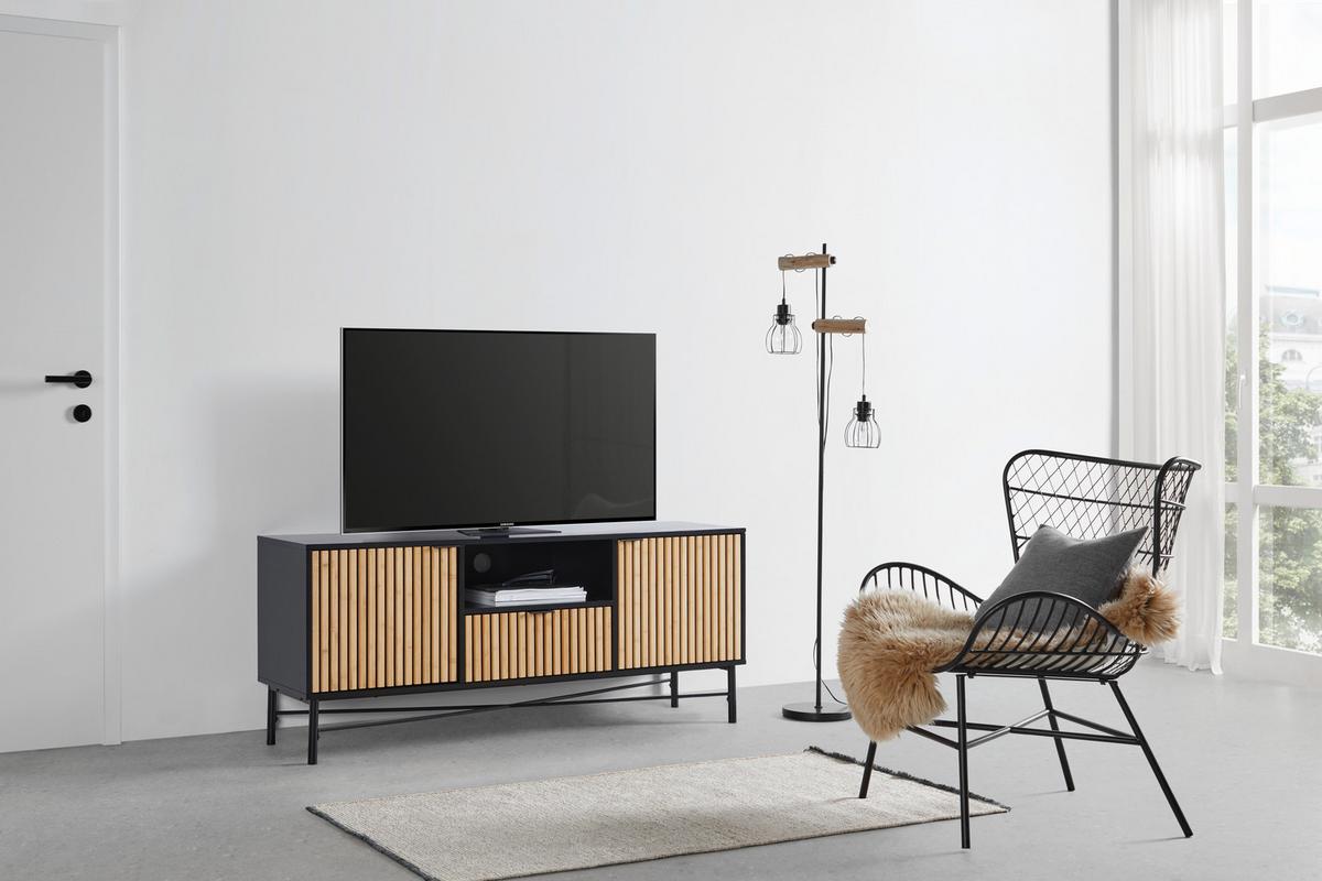Comodă joasă MADRID -EXKLUSIV- - culoare lemn stejar/culoare natur, Modern, lemn/metal (143/60/40cm) - Modern Living
