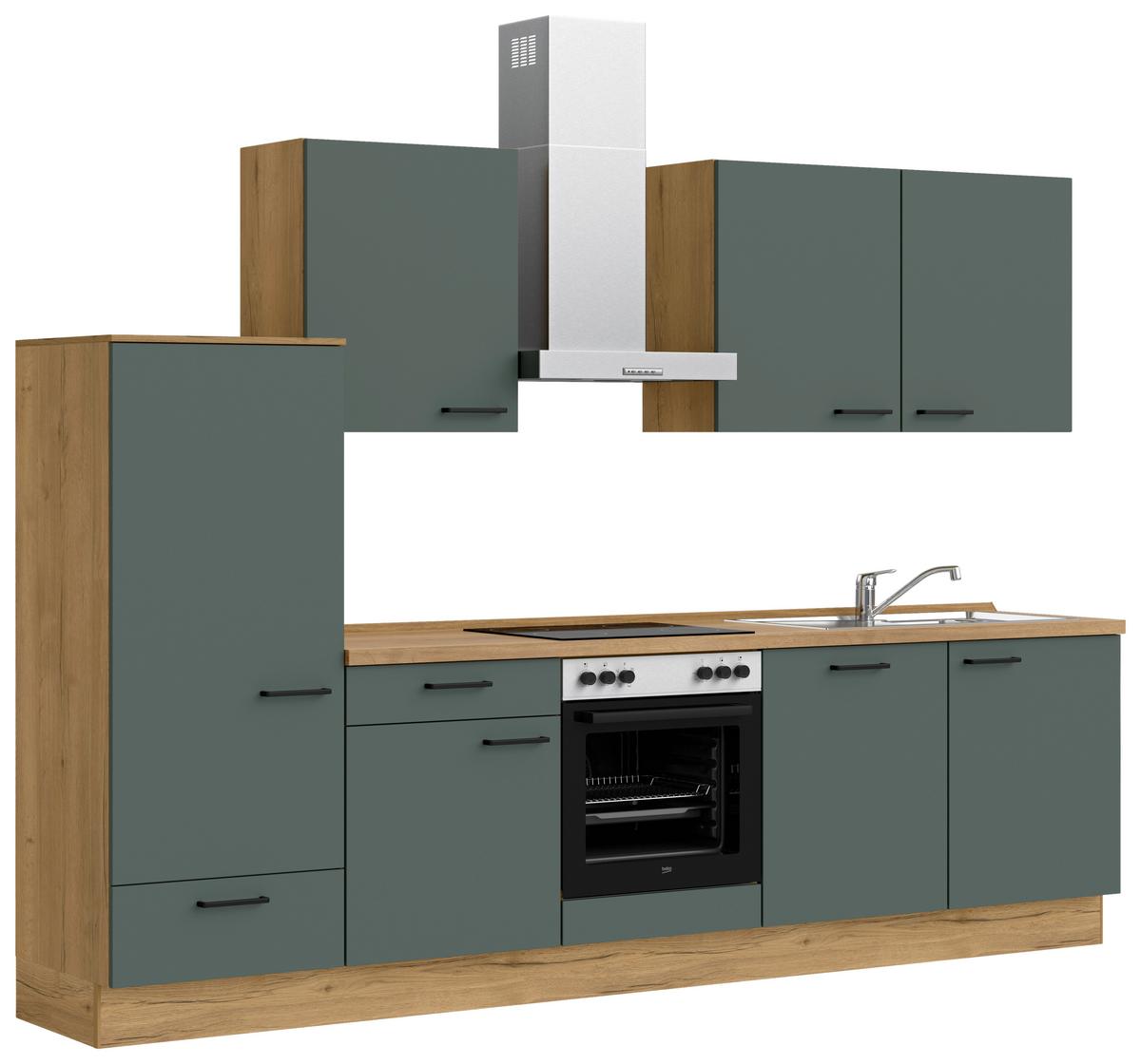 Küchenblock Easytouch m. Geräten Dunkelgrün - Dunkelgrün/Eichefarben, MODERN, Holzwerkstoff/Metall (300cm) - Nobilia