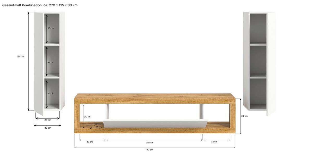 Ansamblu mobilier camera de zi TANGO - alb/stejar Wotan, Design, material pe bază de lemn (270/135/30cm) - Modern Living