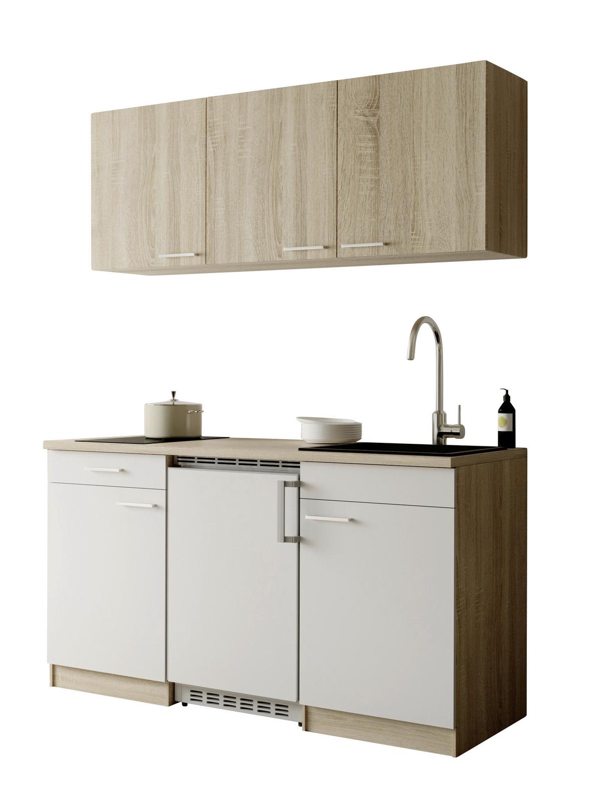 Miniküche Ingrid m. Geräten ca. 150cm Weiß - Eichefarben/Alufarben, Design, Holzwerkstoff/Kunststoff (150cm) - Respekta