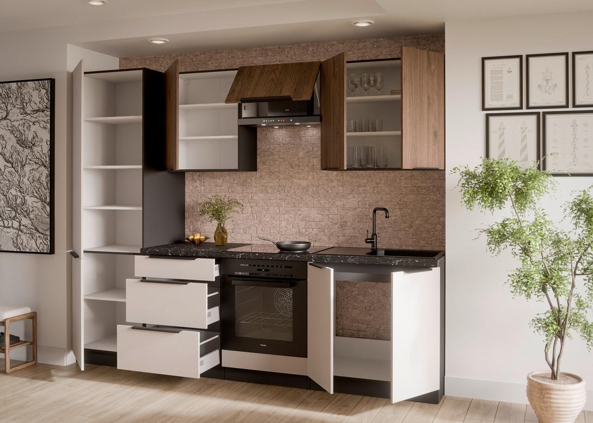 Bucatarie fara electrocasnice ARONA/MONZA - cașmir/culoare lemn de nuc, Modern, material pe bază de lemn (260/210/60cm) - Modern Living