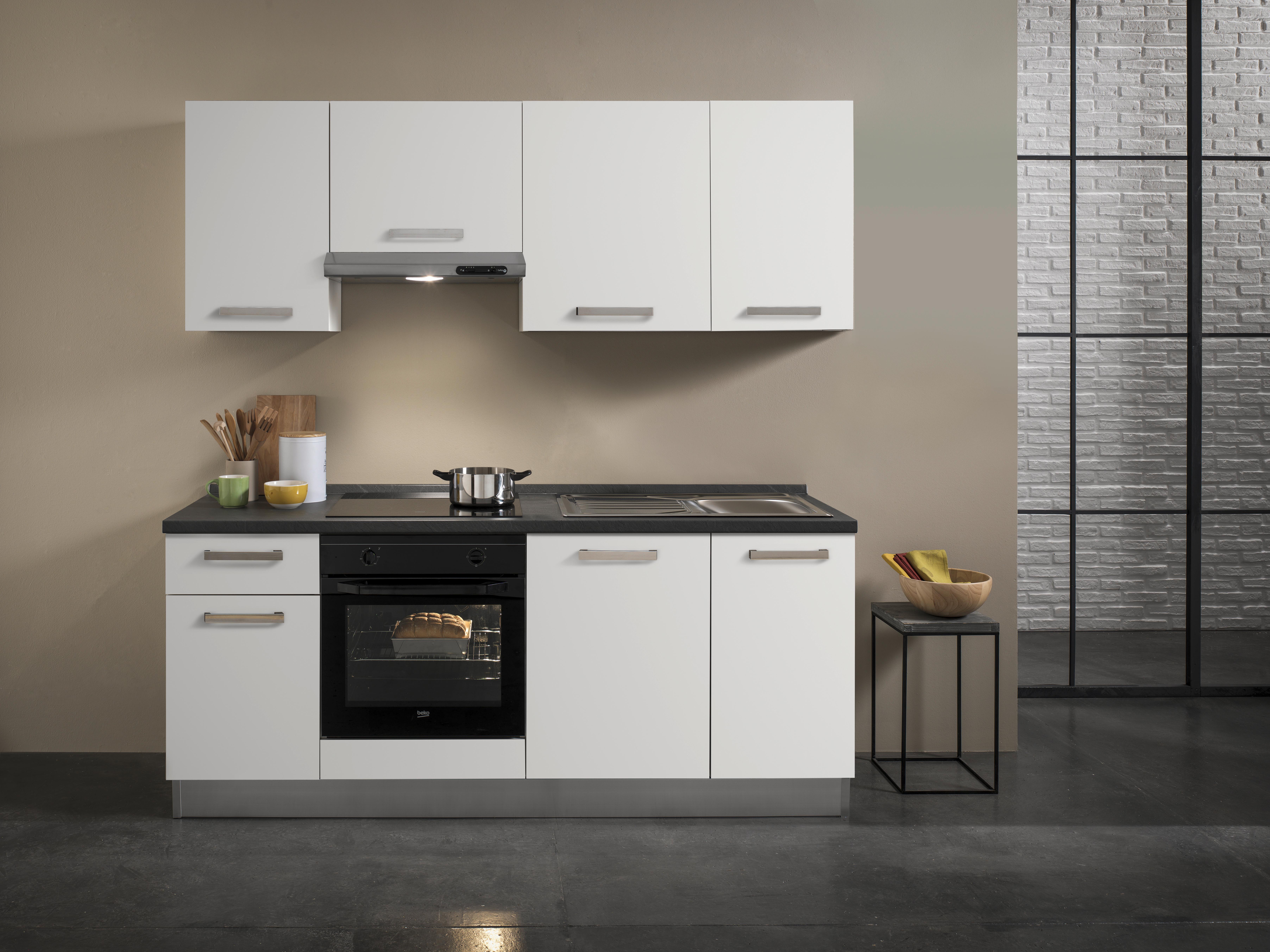 Küchenblock Belluna m. Geräte Weiß - Dunkelgrau/Alufarben, Basics, Holzwerkstoff/Kunststoff (210cm) - MID.YOU