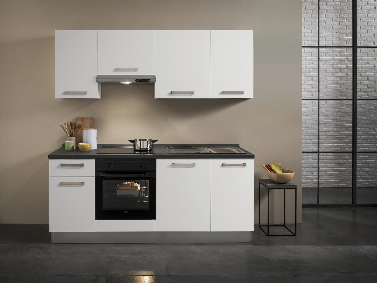 Küchenblock Belluna m. Geräte Weiß - Dunkelgrau/Alufarben, Basics, Holzwerkstoff/Kunststoff (210cm) - MID.YOU