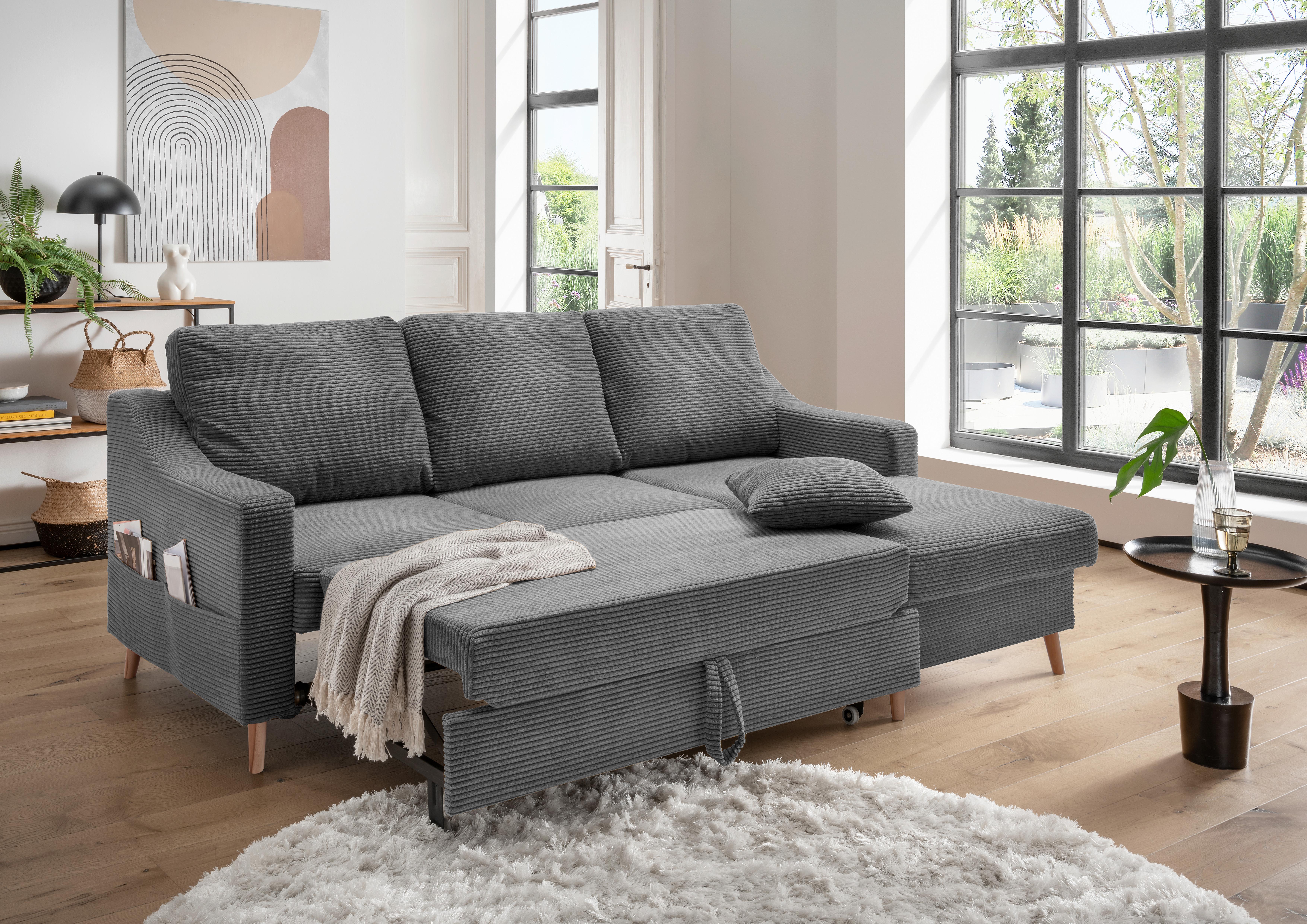 Ecksofa VALENTINA Cord ca. 228x150 cm Grau - Naturfarben/Grau, Design, Holz/Textil (228/150cm) - P & B