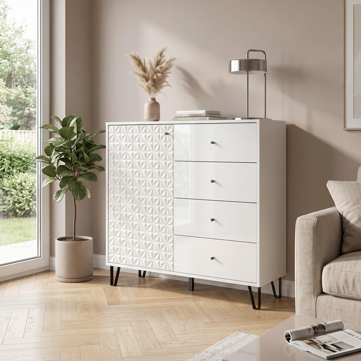Visoka Komoda Prisma, Bela Visok Sijaj - črna/bela, Design, kovina/umetna masa (110/96/40cm) - Livetastic