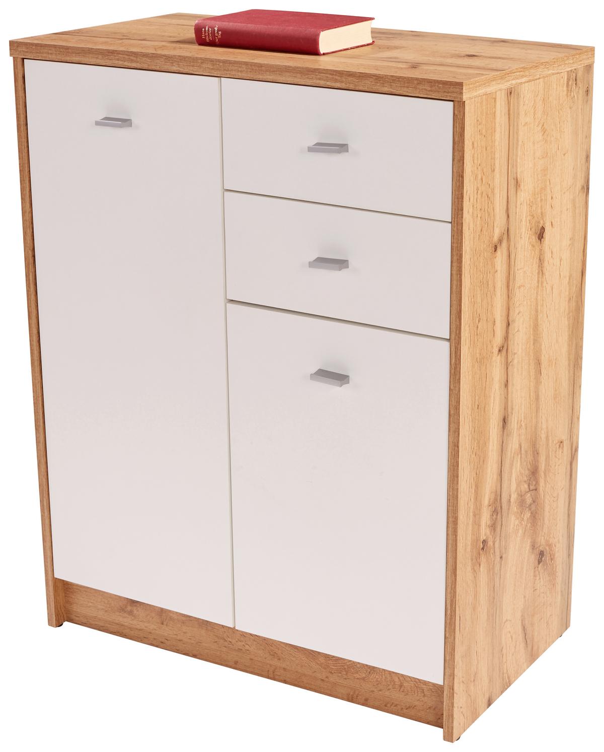Komód 2 Ajtó 2 Fiók 4-You - krómszínű/tölgyfa színű, Modern, műanyag/faalapú anyag (74/85,4/34,6cm)
