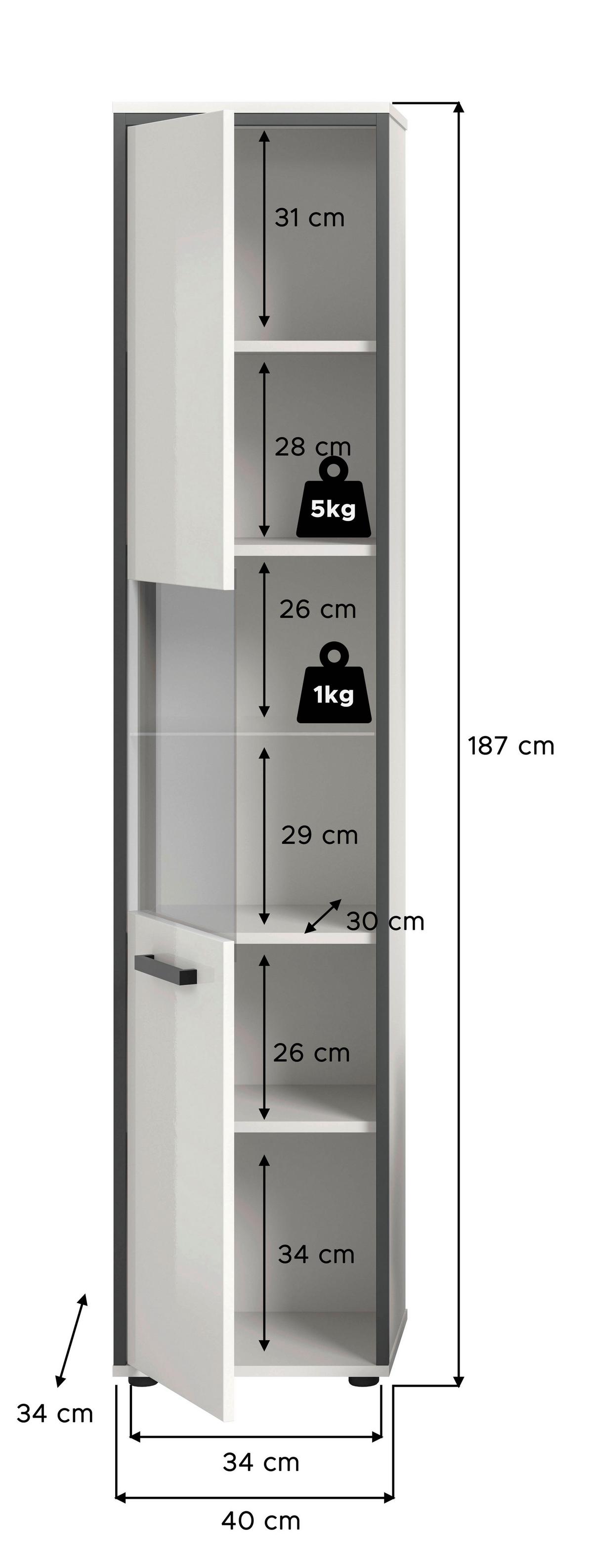 Hochschrank Kojak Weiß/Anthrazit - Weiß Hochglanz/Schwarz, MODERN, Holzwerkstoff/Kunststoff (40/188/34cm) - MID.YOU