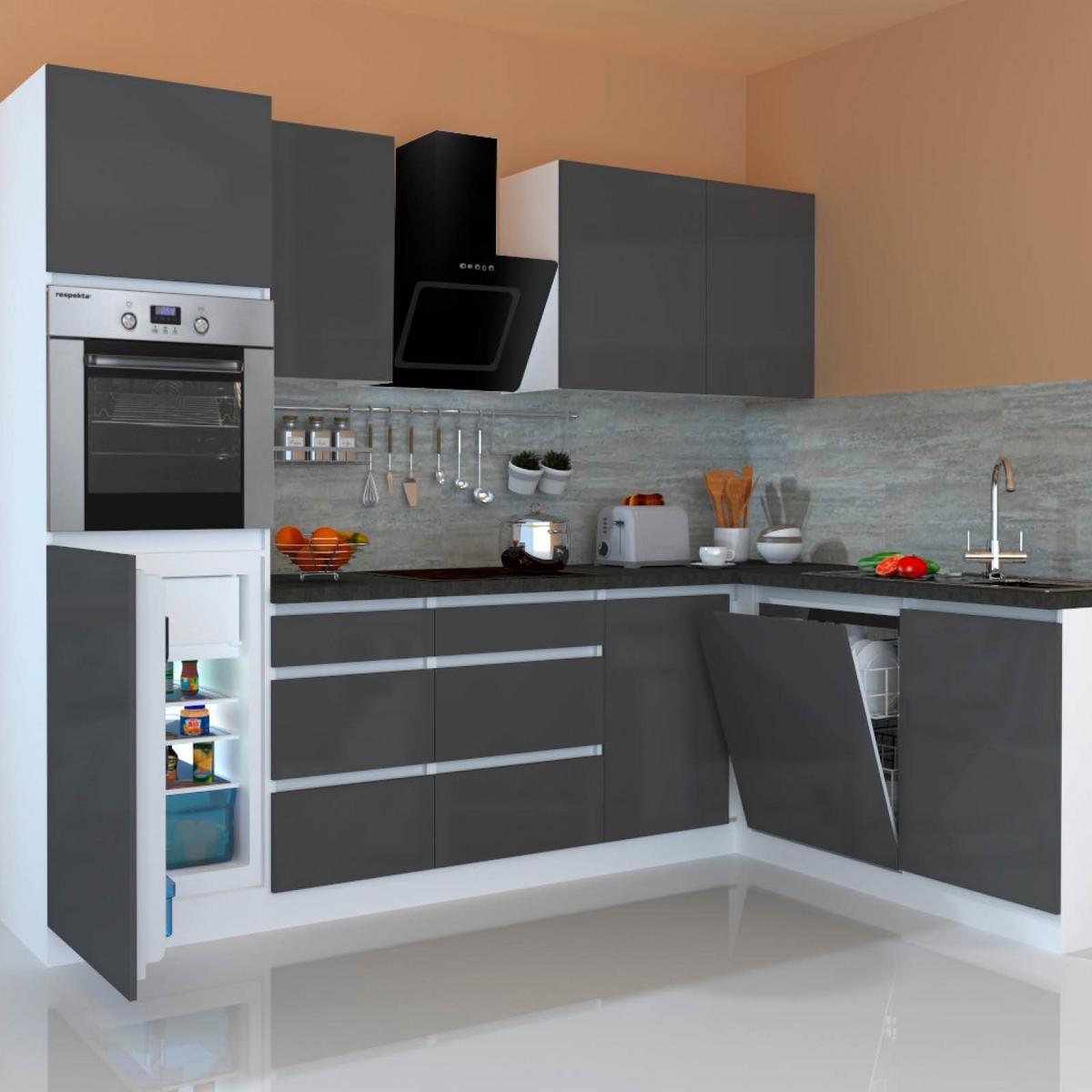 Eckküche Premium Grau Hochglanz ca. 280x172 cm - Grau Hochglanz/Weiß, MODERN, Holzwerkstoff (280/172cm) - Respekta