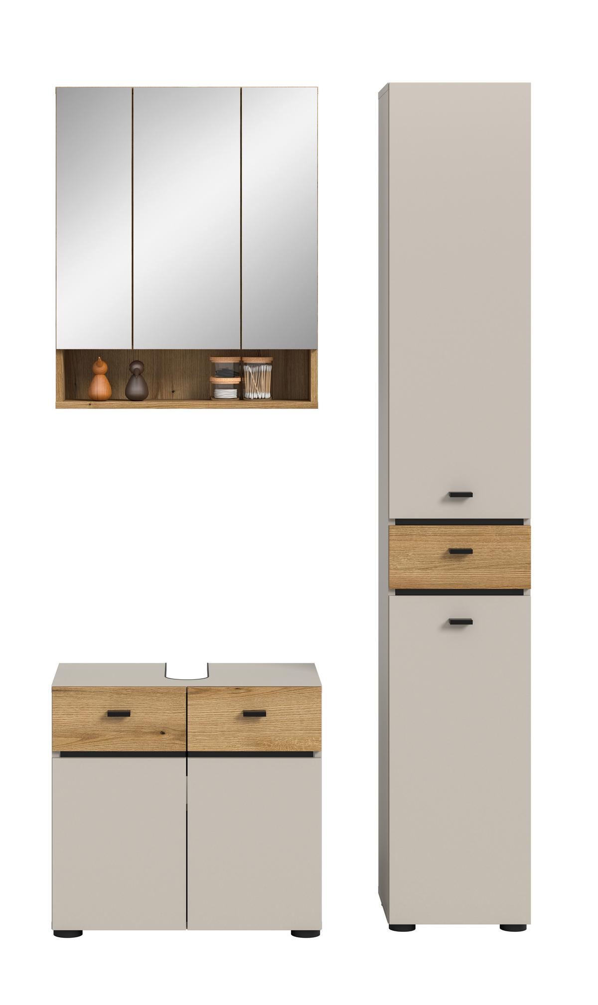 Badezimmer Aqua Eichefarben/Kaschmir 3-teilig - Kaschmir/Eichefarben, Trend, Glas/Holzwerkstoff (92cm) - MID.YOU