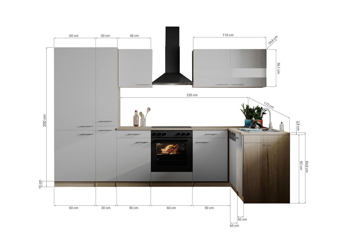Eckküche Merle m. Geräten ca. 310x172cm Weiß - Edelstahlfarben/Eichefarben, Basics, Holzwerkstoff/Metall (310/172cm) - Respekta