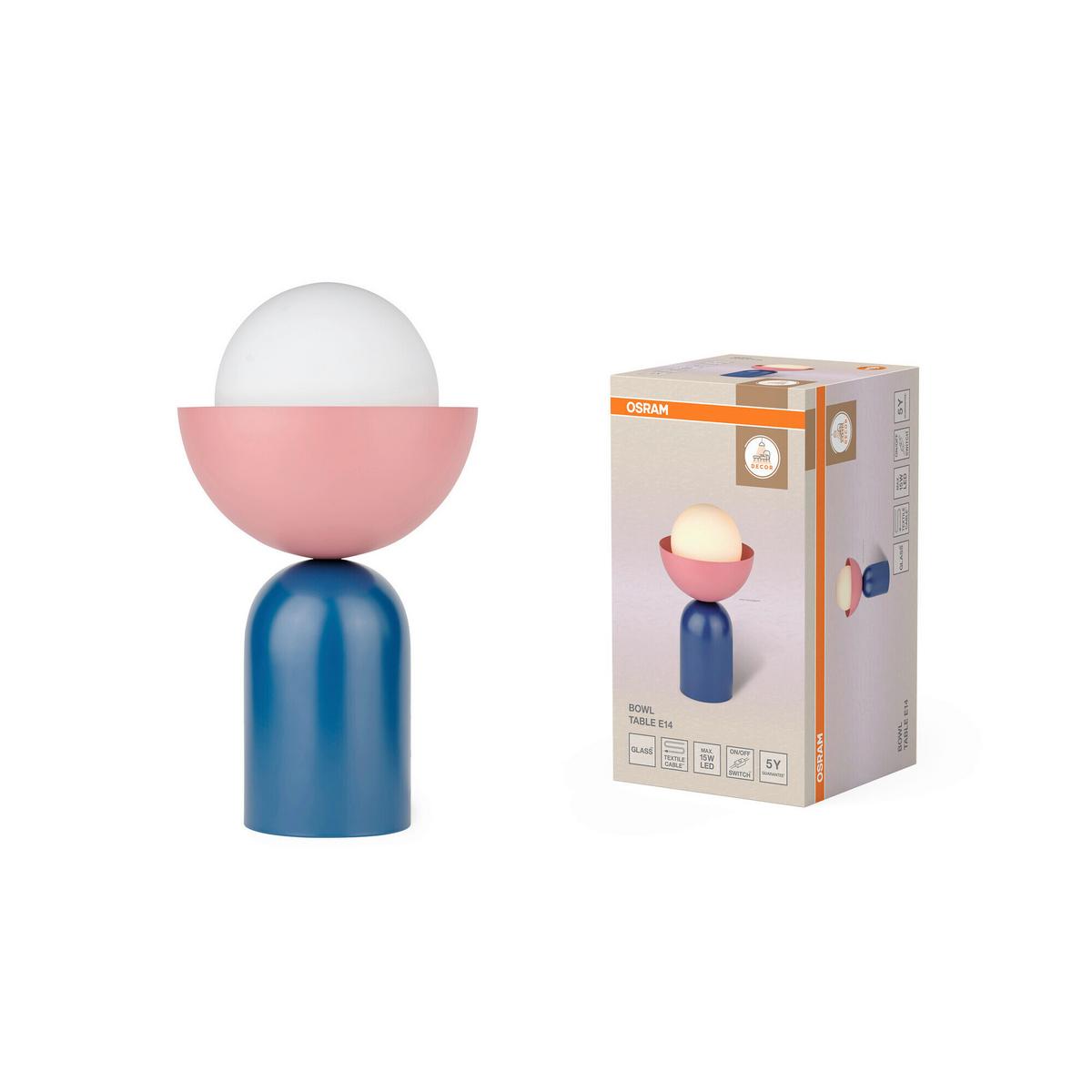 LAMPA STOŁOWA DECOR BOWL TABLE E14 BL - różowy/niebieski, Basics, metal/szkło (20/36,5cm) - Osram