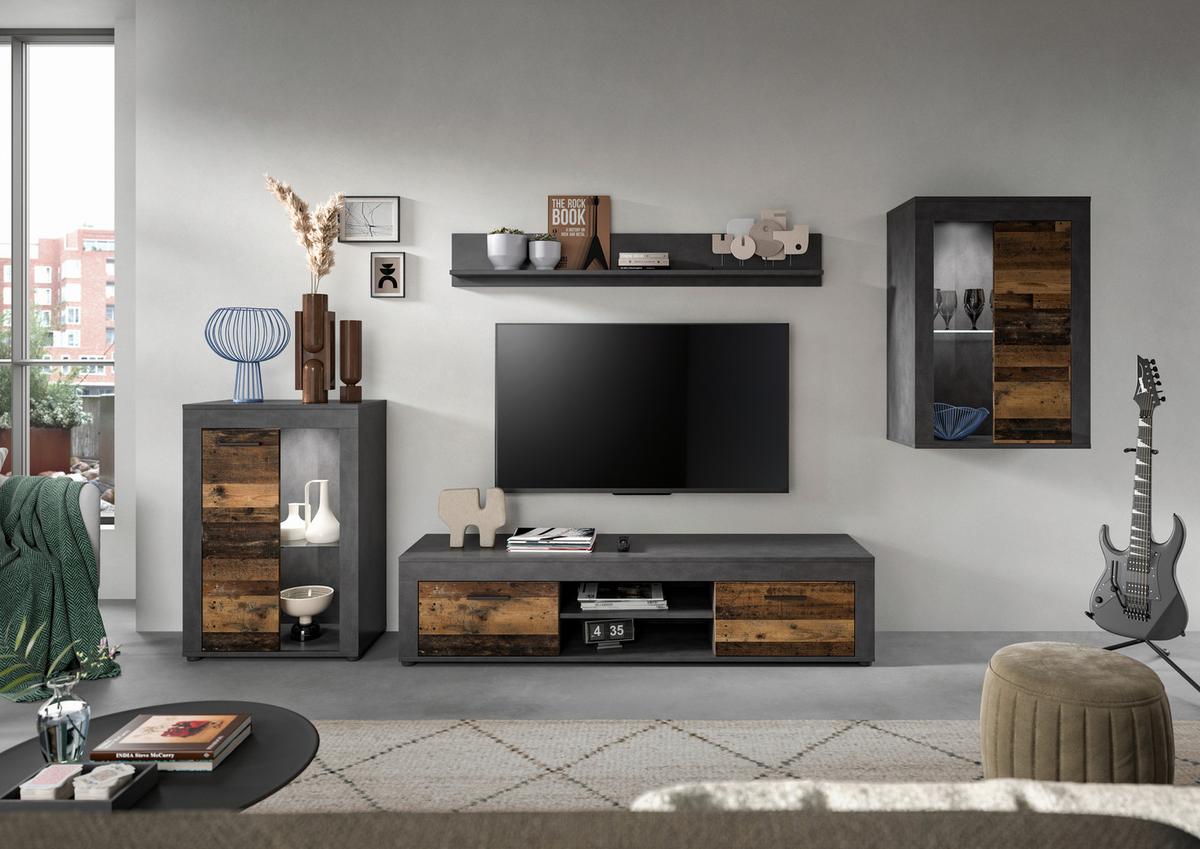 Ansamblu mobilier camera de zi JAM - culoare natur/gri, Design, sticlă/material pe bază de lemn (310/169/35cm) - Modern Living