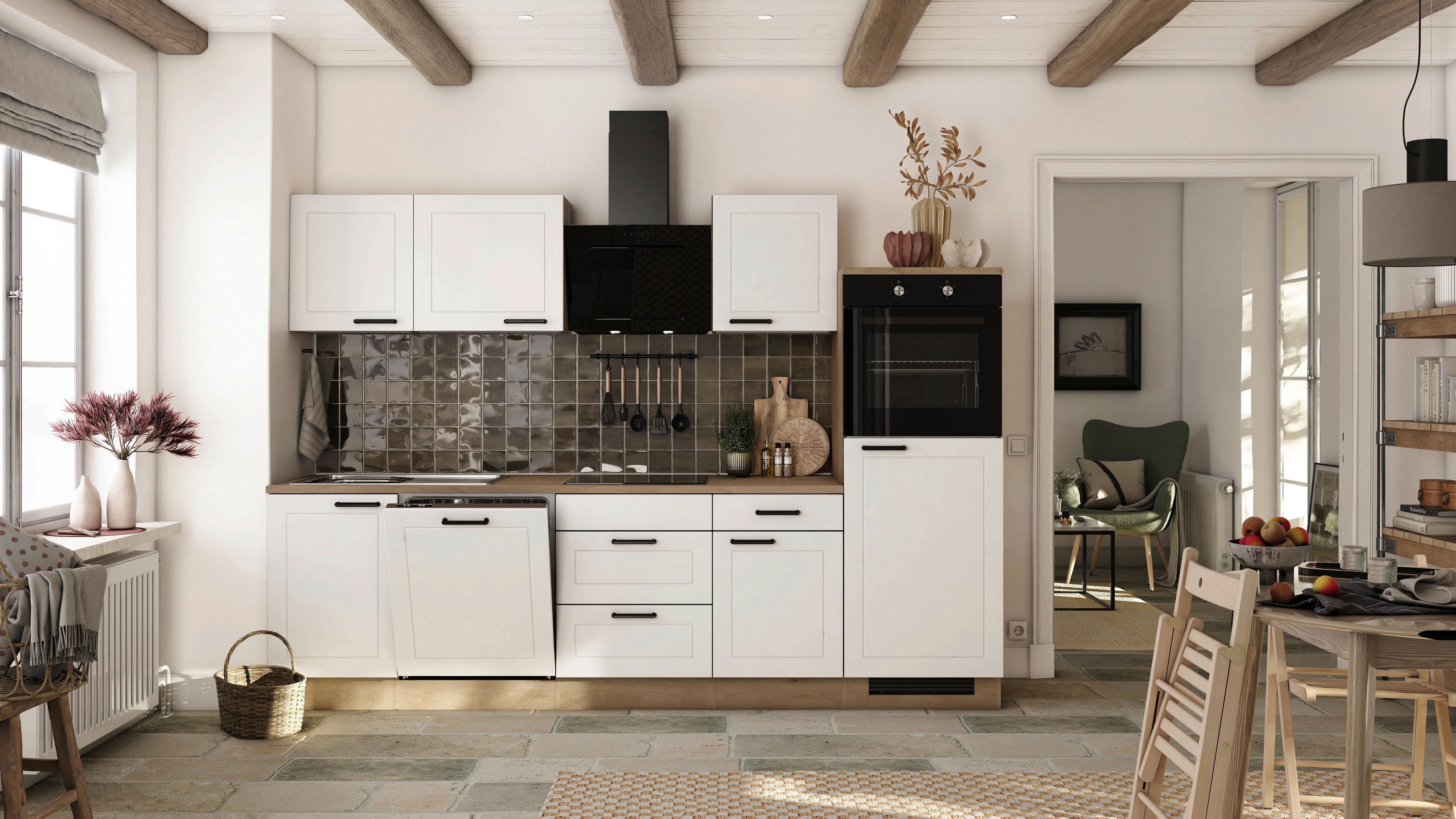 Kuhinjski Blok Z Aparati Julia, Bela, Barva Hrasta - črna/barve hrasta, Basics, kovina/leseni material (280cm) - FlexWell