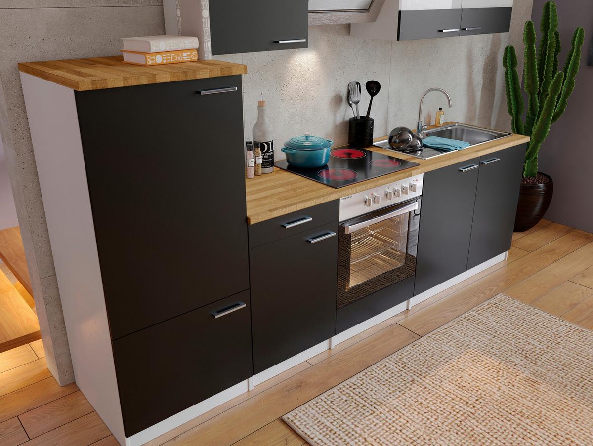Küchenzeile Economy m. Geräten Schwarz/Nussbaum B: ca. 270 cm - Edelstahlfarben/Nussbaumfarben, Basics, Holzwerkstoff/Metall (270cm) - Respekta