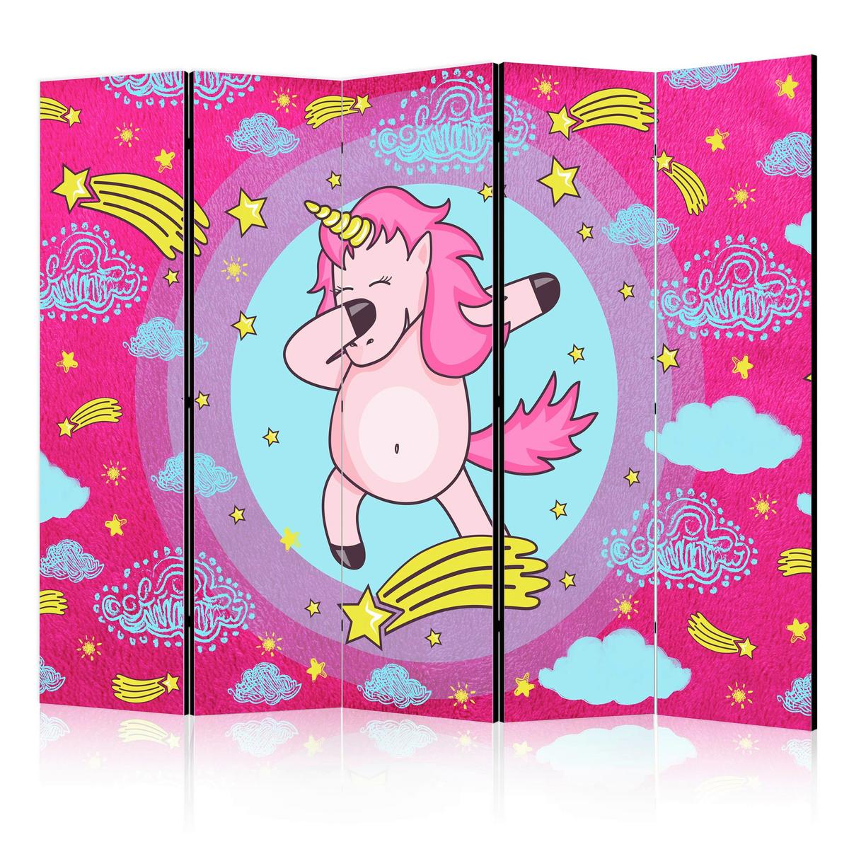 Paravan Dancing Unicorn I, 5-Delni, Dvostranski - pink/svetlo modra, Basics, tekstil/les (225/172/3cm) - artgeist