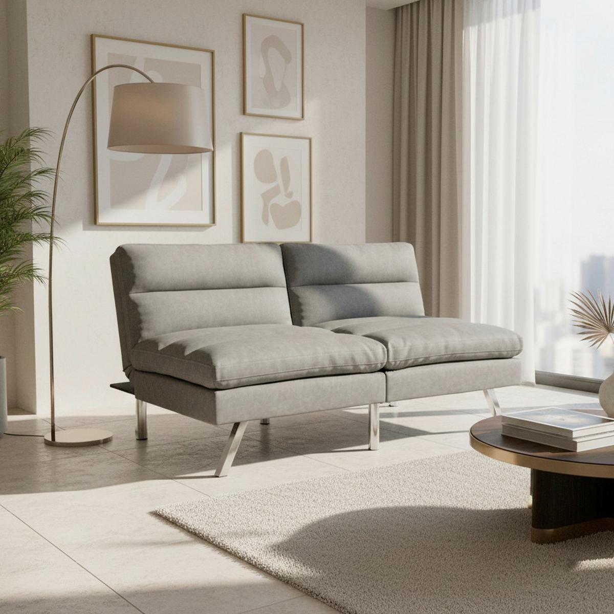 Schlafsofa Lia Hellgrau Lederlook - Chromfarben/Hellgrau, MODERN, Holz/Textil (171/112/53cm) - Bessagi Home