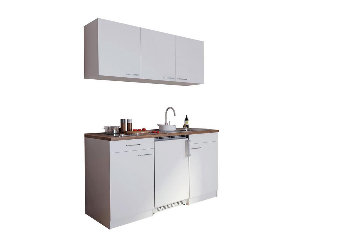 Miniküche Economy m. Geräten Weiß/ Nussbaum B: ca. 150 cm - Edelstahlfarben/Nussbaumfarben, Basics, Holzwerkstoff/Kunststoff (150cm) - Respekta