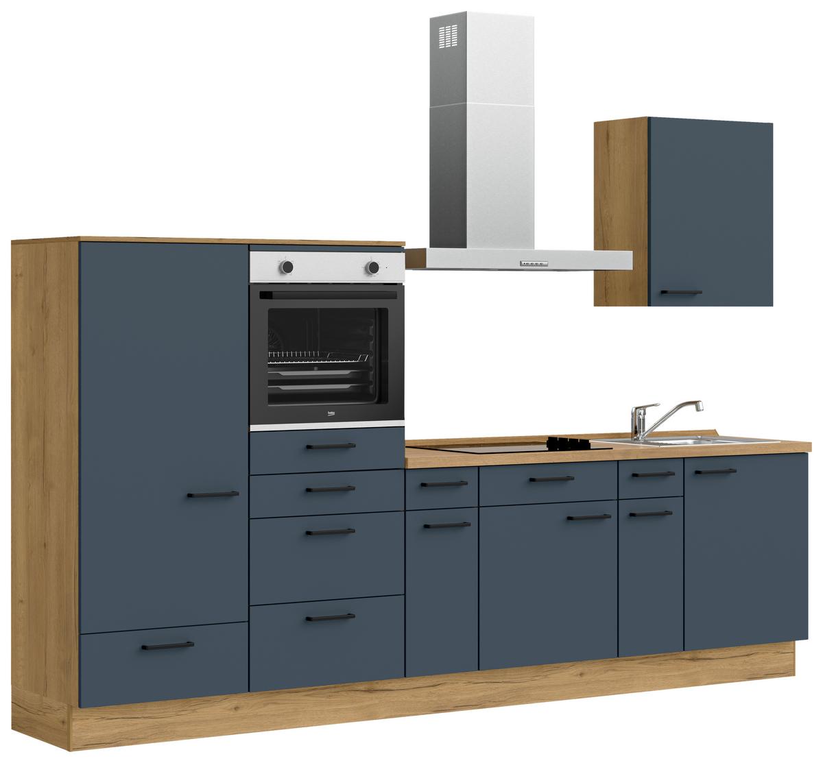 Küchenblock Easytouch Low m. Geräten Blau - Blau/Eichefarben, MODERN, Holzwerkstoff/Metall (300cm) - Nobilia