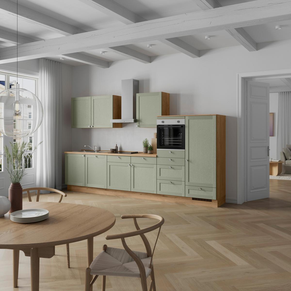 Küchenleerblock Frame Low o. Geräte Olivgrün - Edelstahlfarben/Eichefarben, MODERN, Holzwerkstoff/Metall (360cm) - Nobilia