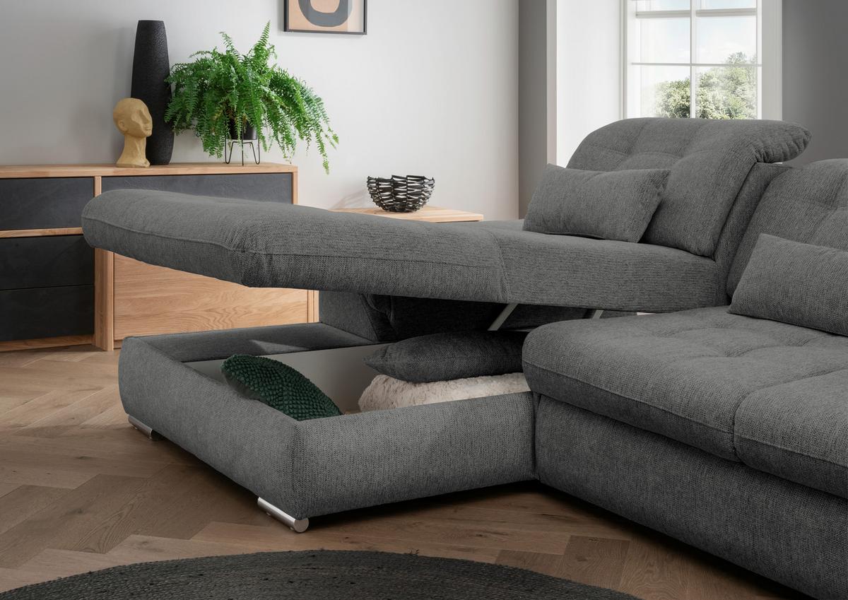 Ecksofa Rigatti mit Bettkasten ca. 184x314 cm Graubraun - Chromfarben/Graubraun, MODERN, Textil/Metall (184/314cm) - Livetastic